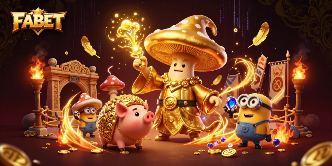 Experience immersive gaming with FABET's magical golden mushroom wizard illustration.