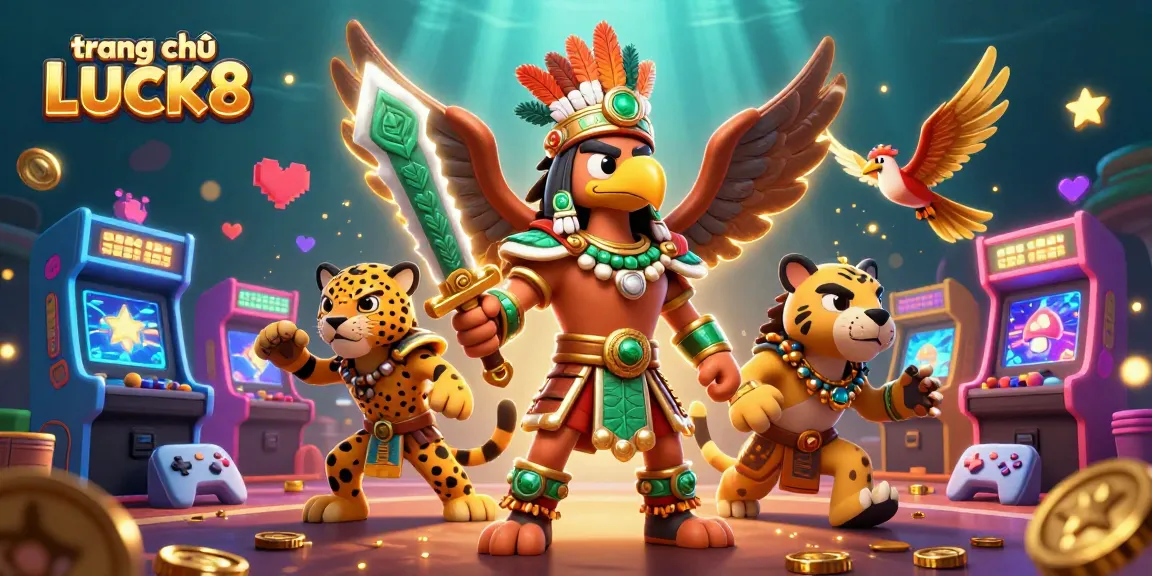 Engage with the vibrant world of trang chủ LUCK8 featuring an Aztec warrior scene rich in gaming elements and energetic atmosphere.