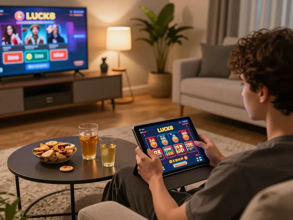 Engaging in khuyến mãi LUCK8 while playing online casino from a cozy home setup.