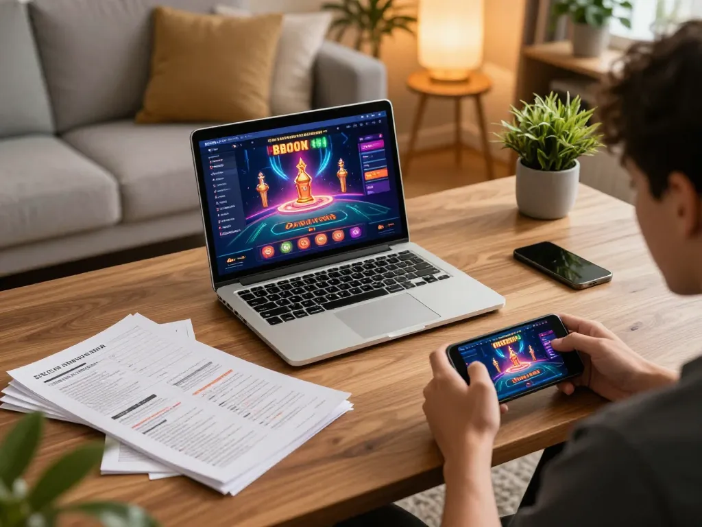 Player enjoying online casino games on laptop showcasing lsa strategies in a cozy living room setting.