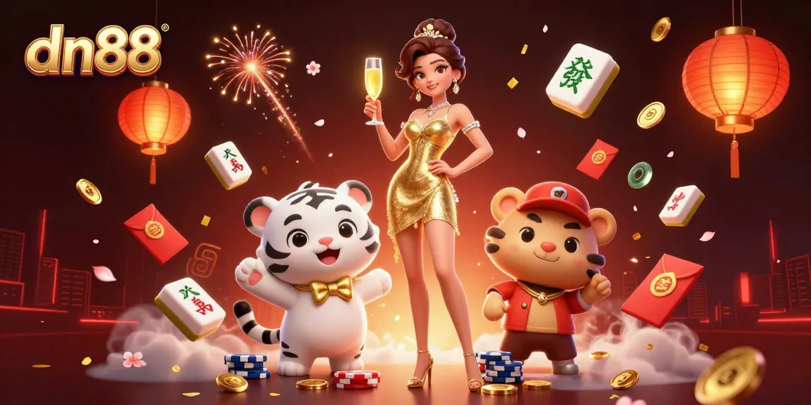 Engage in thrilling gameplay at dn88, featuring a glamorous woman and a lucky tiger in a vibrant casino setting.