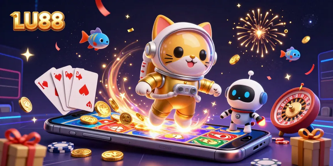 Experience thrilling gaming at LU88 with vibrant 3D illustration of an astronaut cat and casino elements.