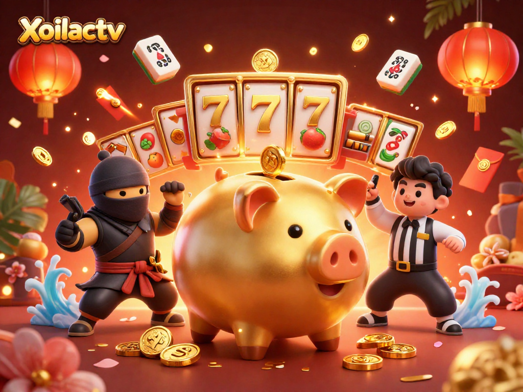 Xoilactv showcases dynamic gaming action with a festive 3D casino illustration rich in vibrant details.