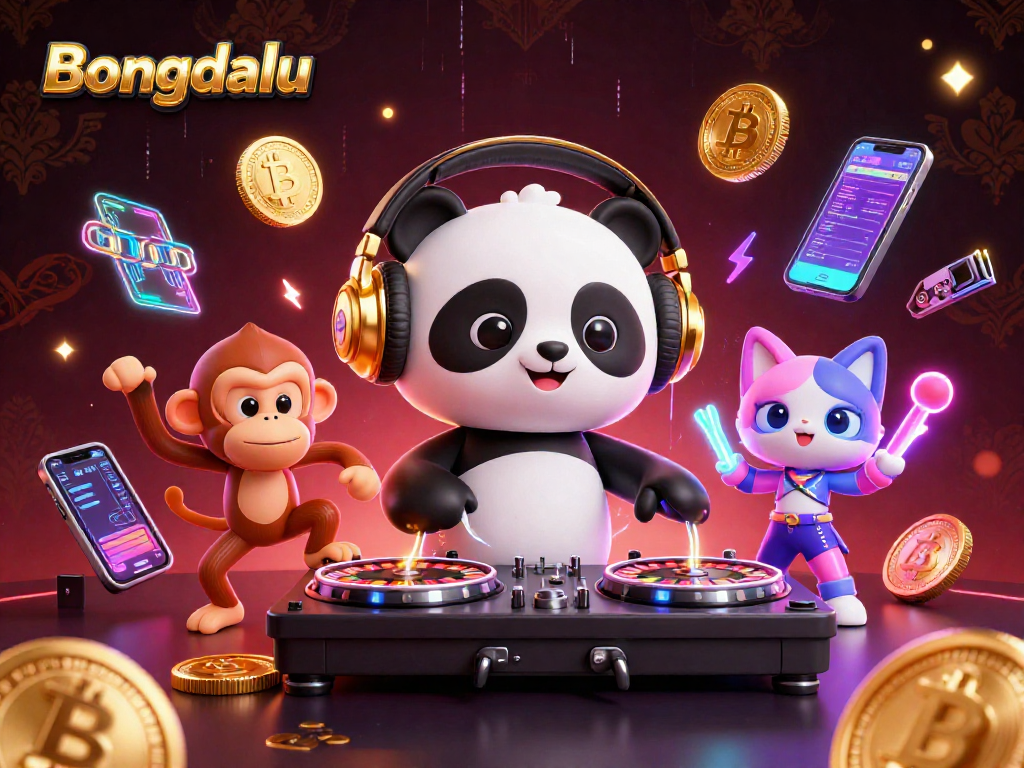 Bongdalu features vibrant 3D panda DJ, dancing monkey, and rave kitten, creating a lively casino atmosphere.