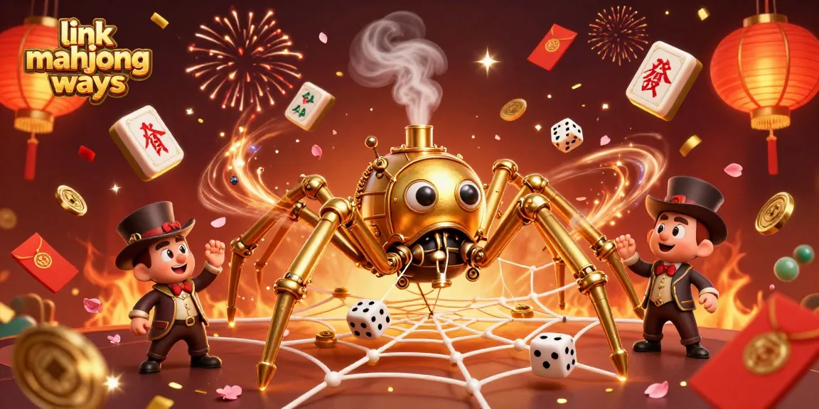 Engage with link mahjong ways through a colorful 3D illustration showcasing steampunk elements and mahjong tiles.
