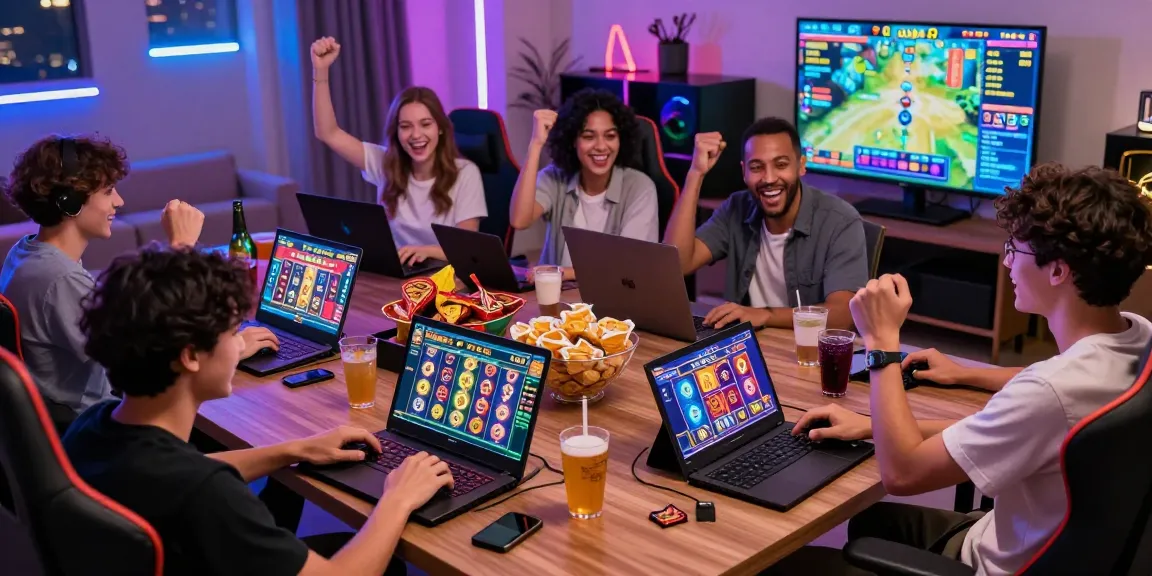 Engaging group of friends celebrating pajaktoto daftar wins in a vibrant gaming setup.