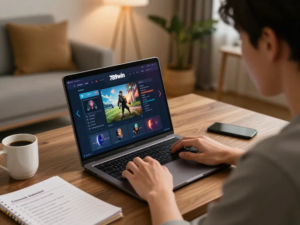 Engaged player using 789win online casino platform with strategic notes in modern home setting