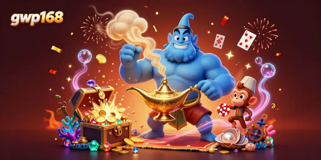 GWP168 menghadirkan kasino langsung dengan jin biru, uang emas, dan lampu ajaib di dunia 3D yang menakjubkan.