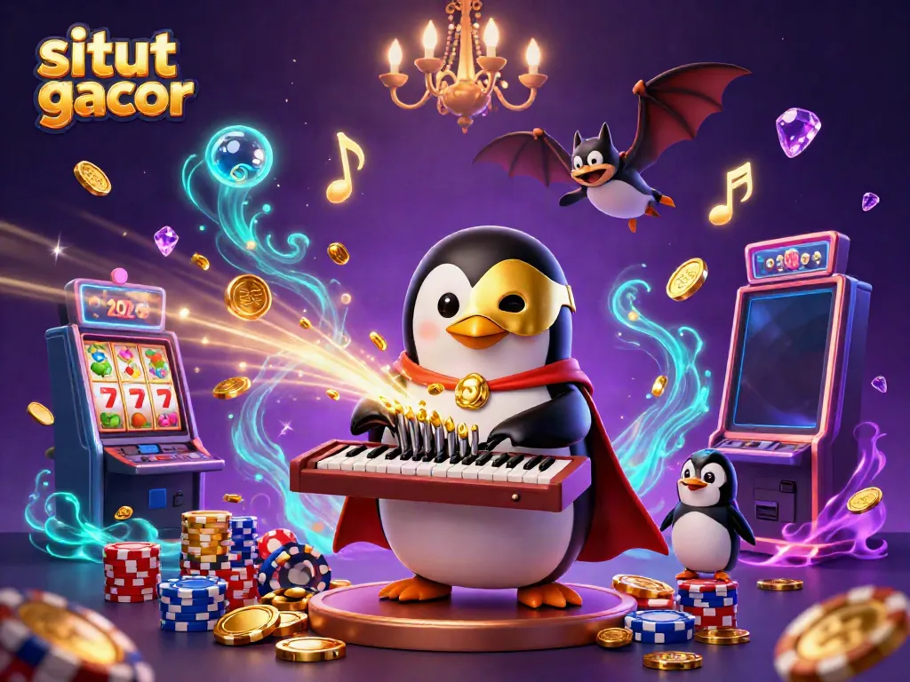 Slot gacor yang menggiurkan terlihat pada ilustrasi penuh warna dengan karakter penguin dan koin berceceran.