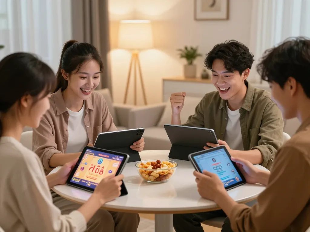 Friends enjoying an online lô đề gaming session in a cozy living room, celebrating strategic wins.