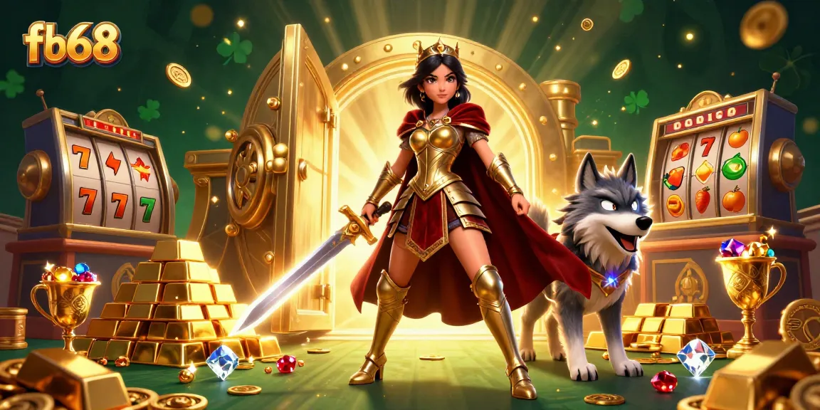 Win jackpots with fb68's immersive casino scene filled with golden treasures and slot elements.