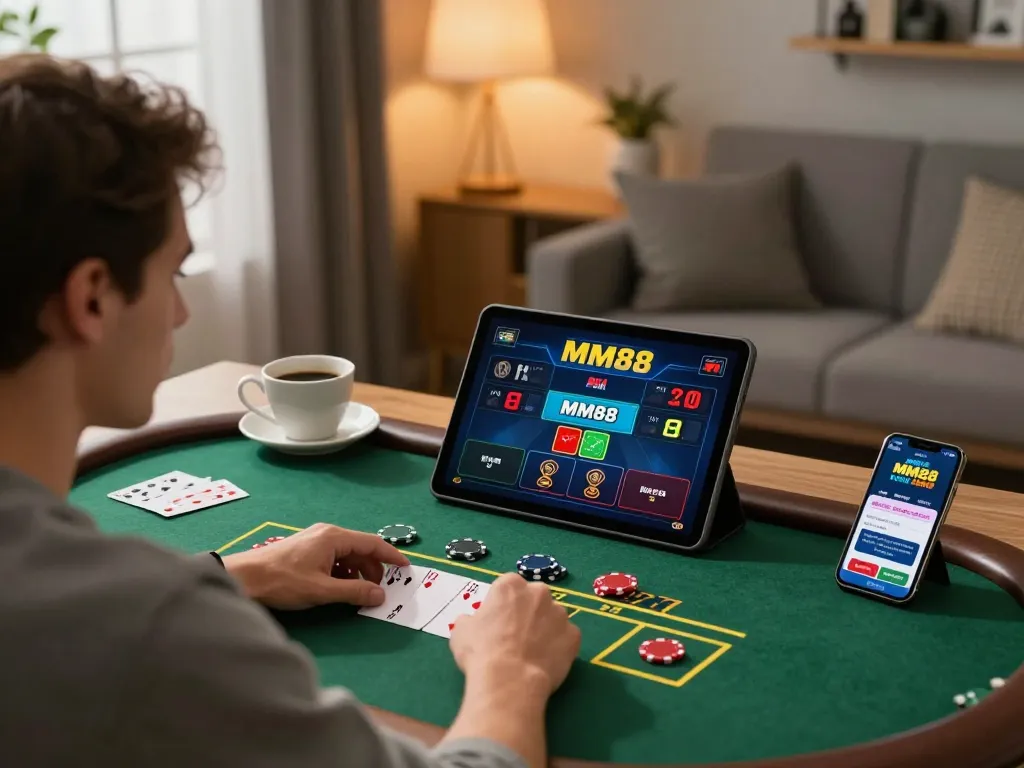 Player engaging in live dealer blackjack on MM88 app with strategic betting notes nearby.