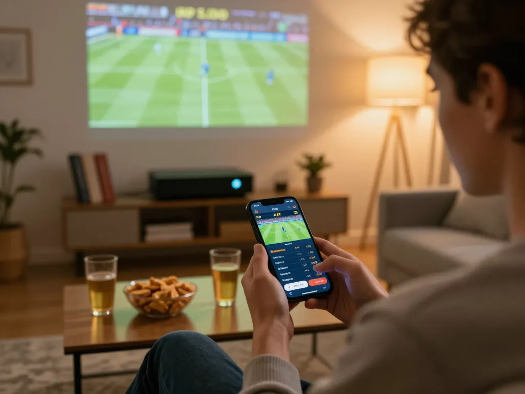 Person engaging in sports betting on bl555 app in a cozy living room setting.