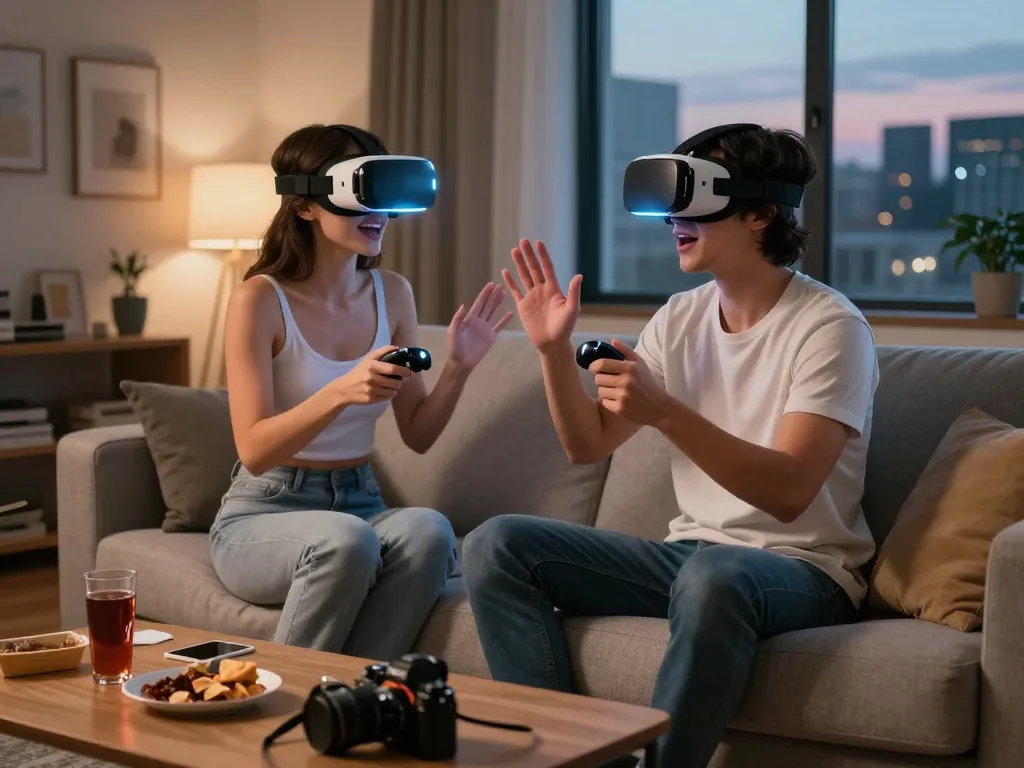 Full immersion in free AI sex chat, user engaging with a virtual NSFW AI companion in a cozy home setting.