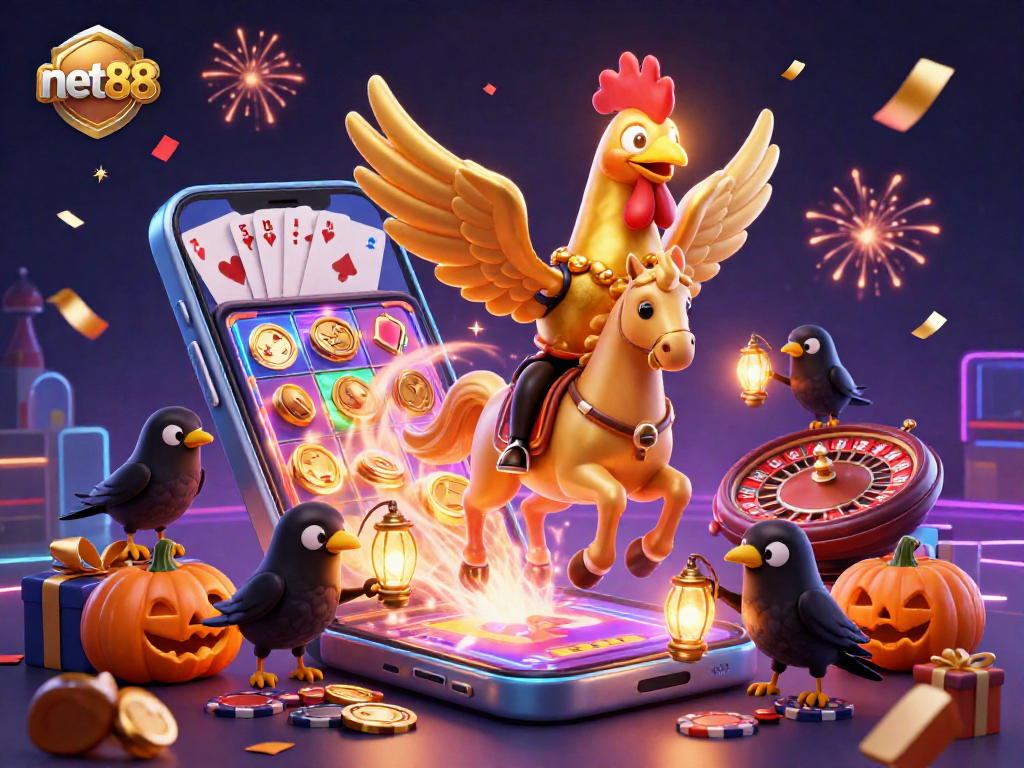 Experience thrilling action with net88's golden rooster in a vibrant casino scene brimming with excitement.