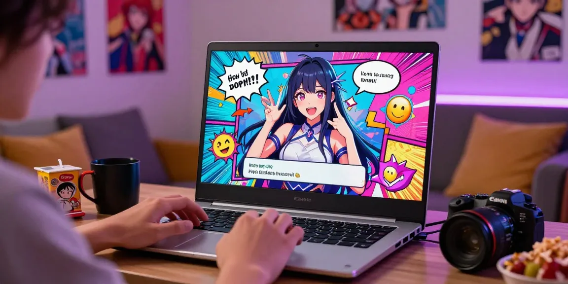 Interactive hentai ai chat session featuring a vibrant animated character on a laptop.