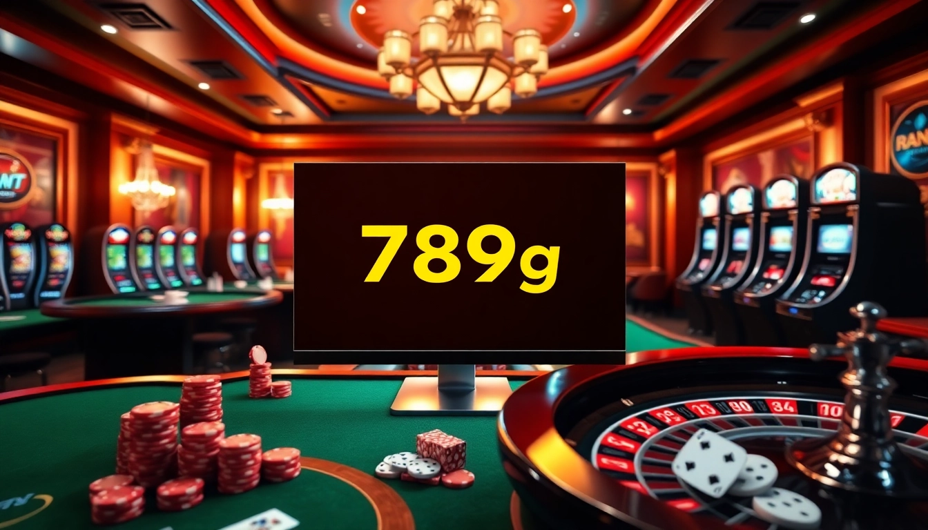 Una emocionante escena de casino en línea que muestra la plataforma 789g con elementos dinámicos de cartas y dados.