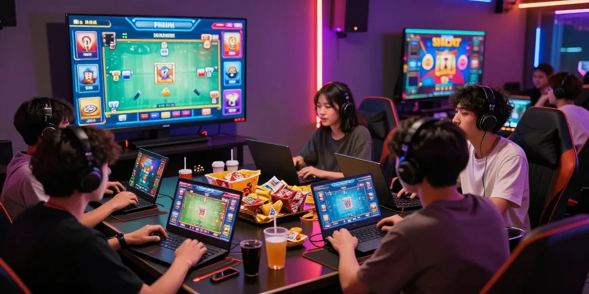 A lively gaming group enjoying card games on gamebaidoithuong.is, surrounded by colorful lights and exciting digital screens.