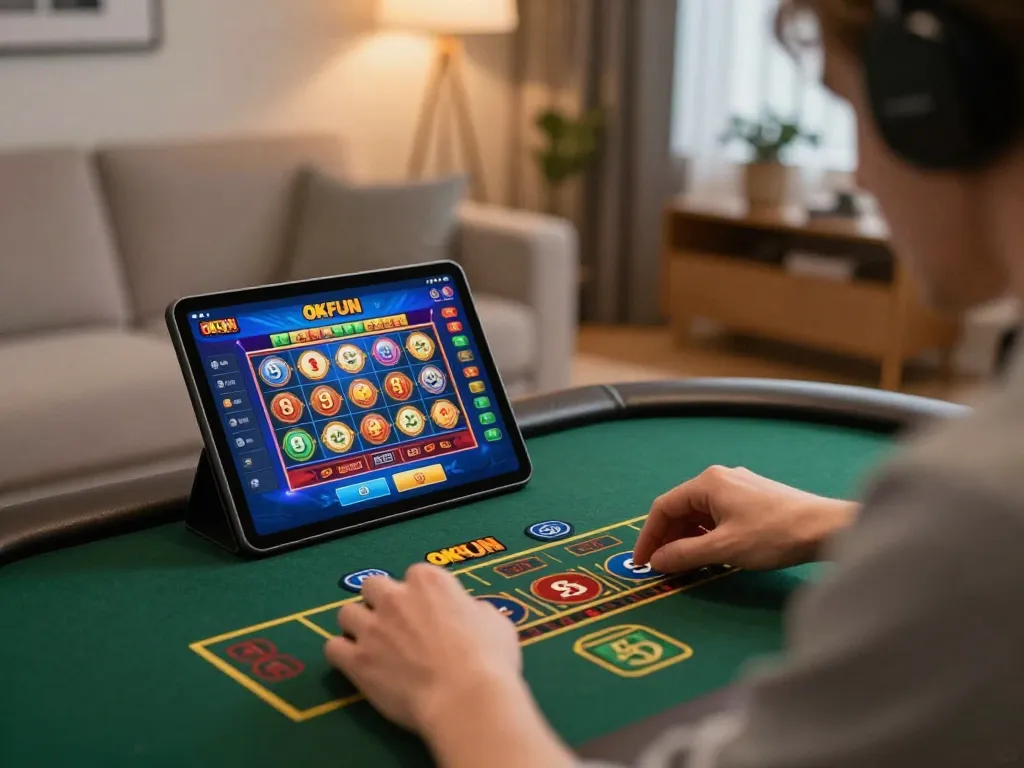 Engaging online gambling experience with a player interacting with the OKFUN casino app