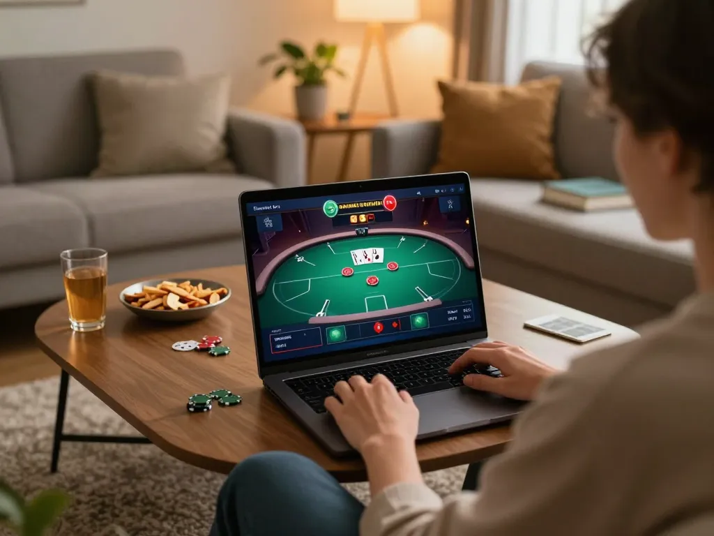 Player engaging with tr88 online casino games on a laptop in a comfy home setting