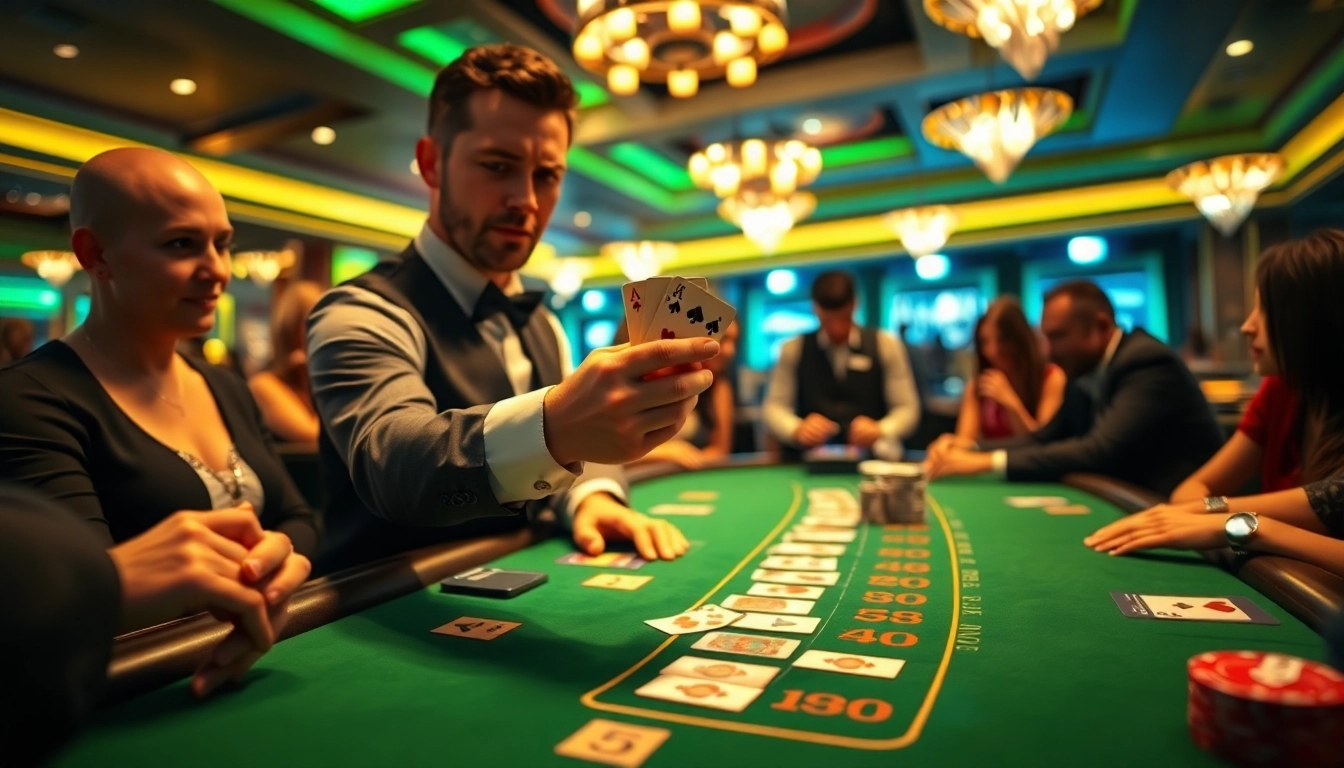 Engaging gameplay at a lively Blackjack Casino showcasing a professional dealer and excited players.