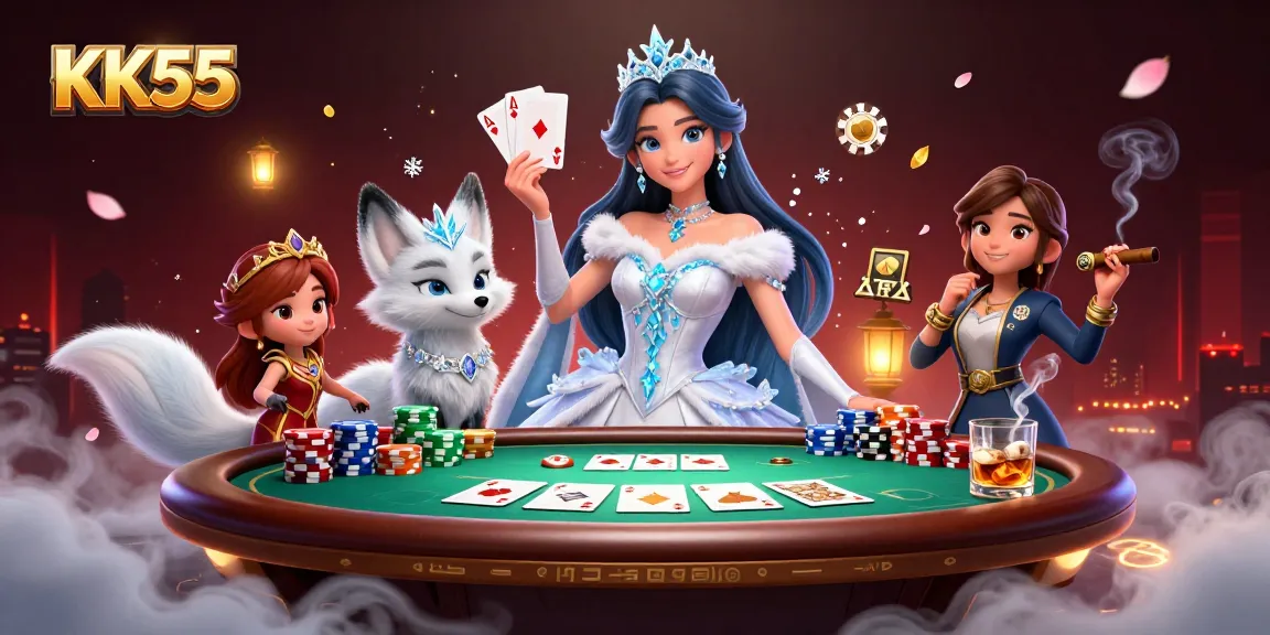 Engage in thrilling gameplay at KK55 with an exquisite poker table surrounded by extravagant elements.