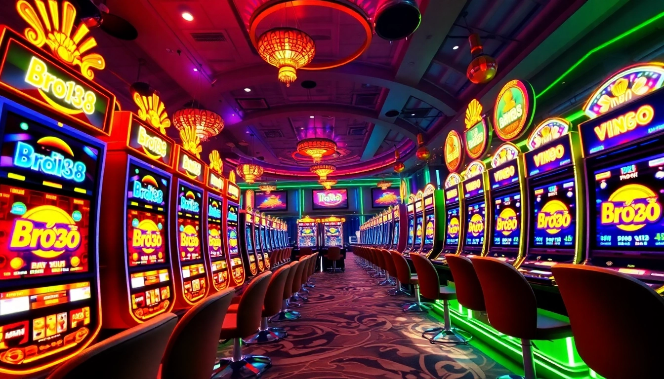 Play exciting slots at Bro138's dynamic casino, featuring colorful machines and vibrant atmosphere.