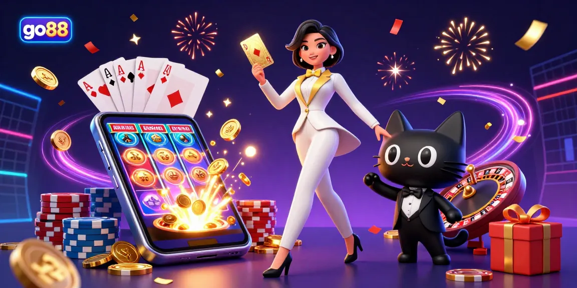 Join the excitement at go88 with a glamorous woman shuffling cards alongside a charming tuxedo cat, surrounded by casino elements.