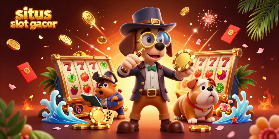 Experience the thrill of situs slot gacor with dynamic slot reels, golden poker chips, and playful characters.