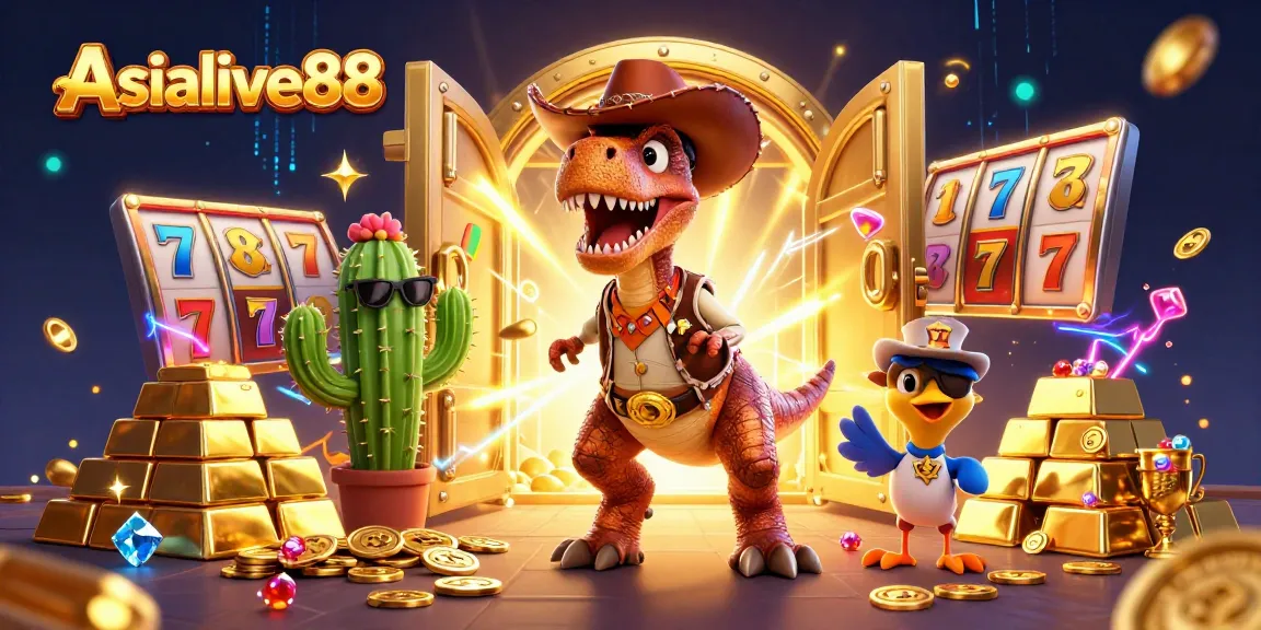 Experience the thrill with Asialive88 as a dinosaur cowboy spins the slots!