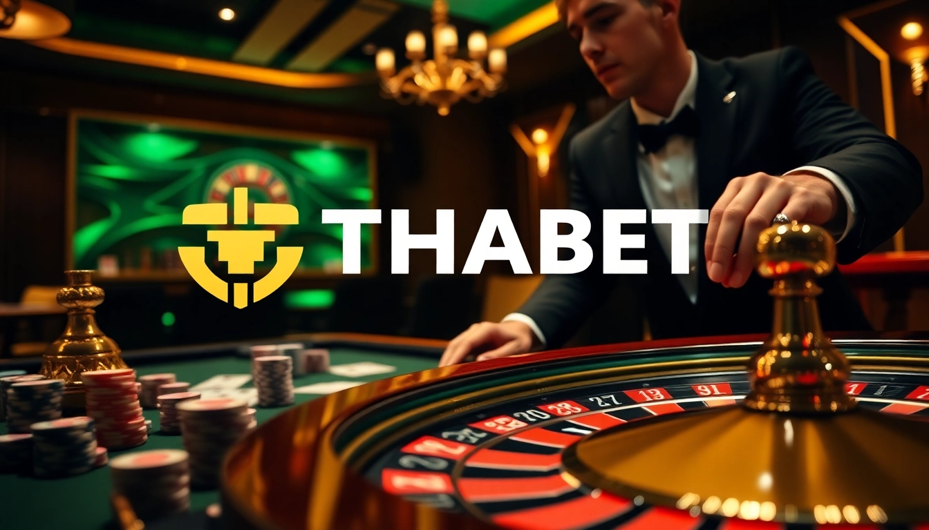 THABET casino scene featuring an elegant gaming table with poker chips and cards.
