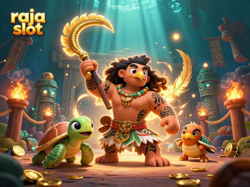 Memenangkan permainan di raja slot dengan karakter demigod dan turtle di latar belakang kaya elemen kasino.