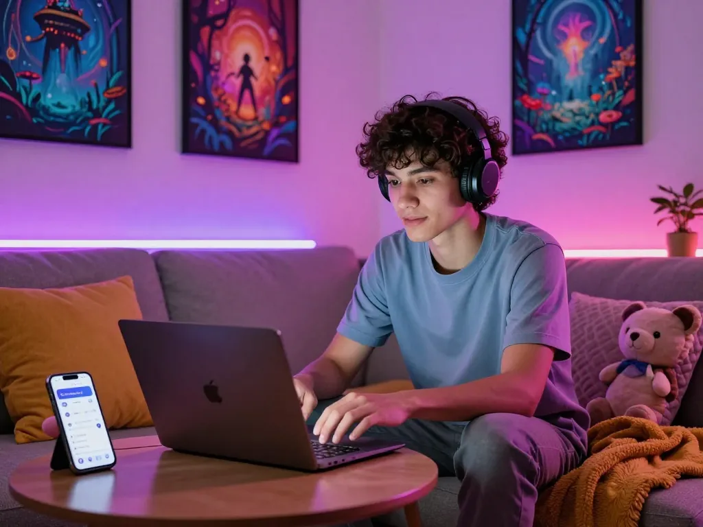 Engaging in free AI sex chat on a laptop in a cozy, ambient-lit living room, showcasing the playful interaction with Crushon AI companions.