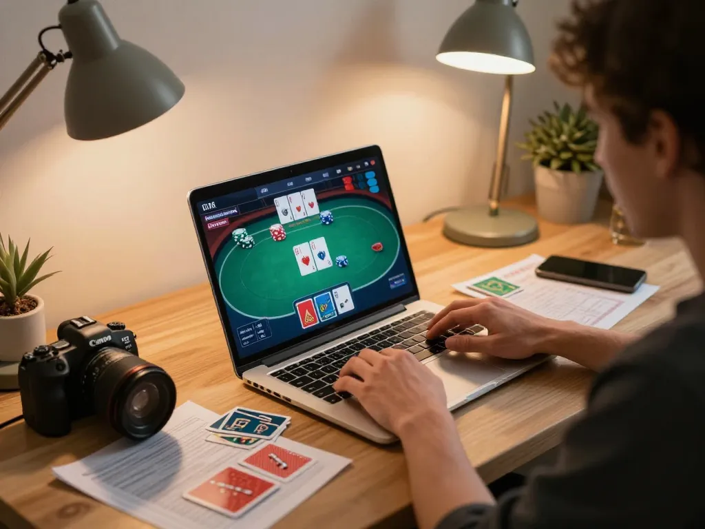 Player engaging in online casino gameplay on laptop while managing bankroll with tr88 strategies in a cozy home office