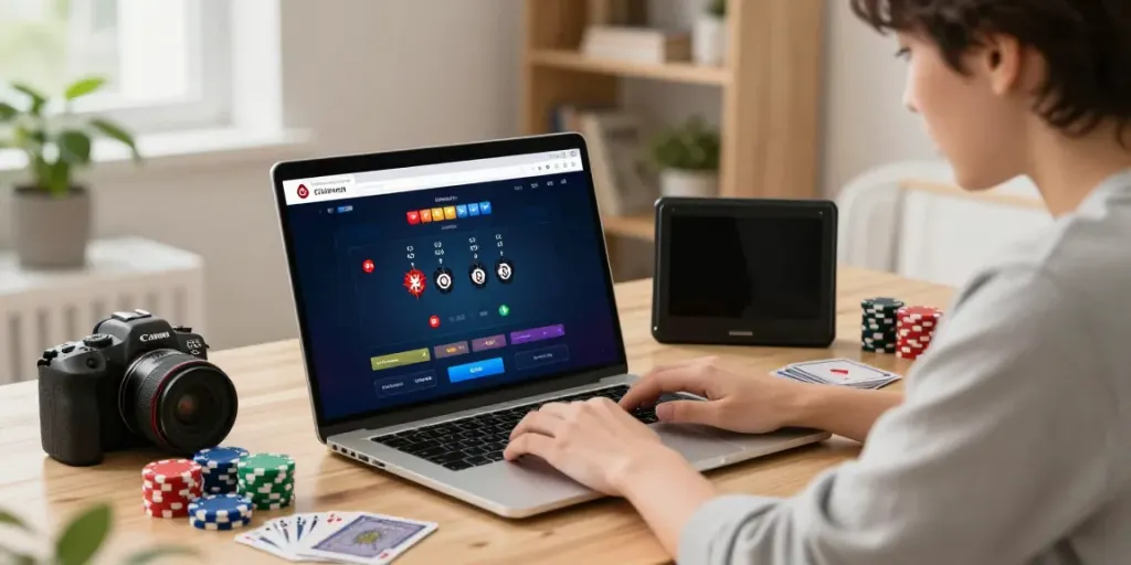 Online gaming experience with akunjp platform, casual user focused on a laptop in a cozy living room.