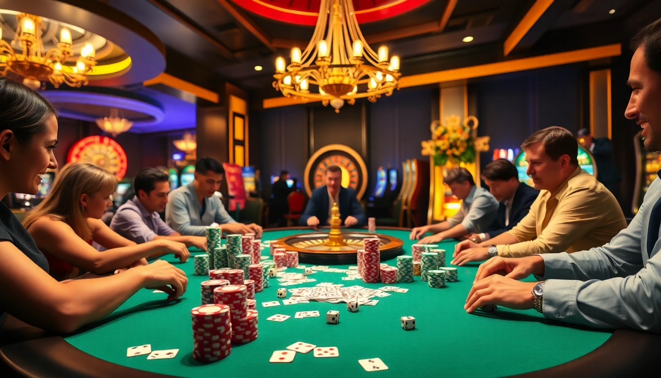 Exciting gameplay at QQ888 poker table featuring colorful chips and enthusiastic players.