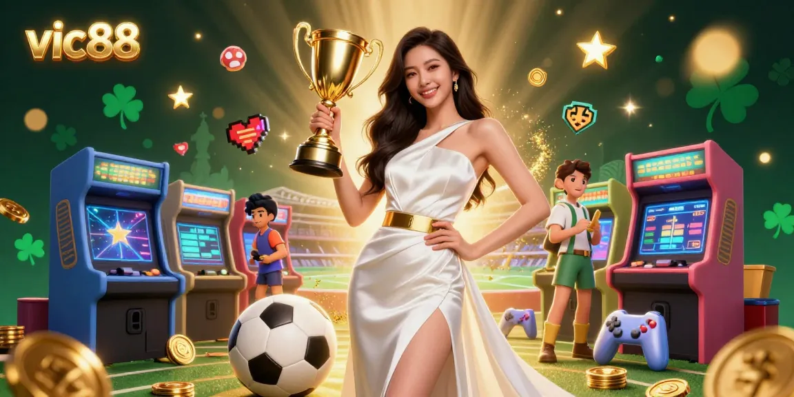 Experience vic88's vibrant casino scene, featuring sports betting and arcade elements in a captivating 3D digital art.