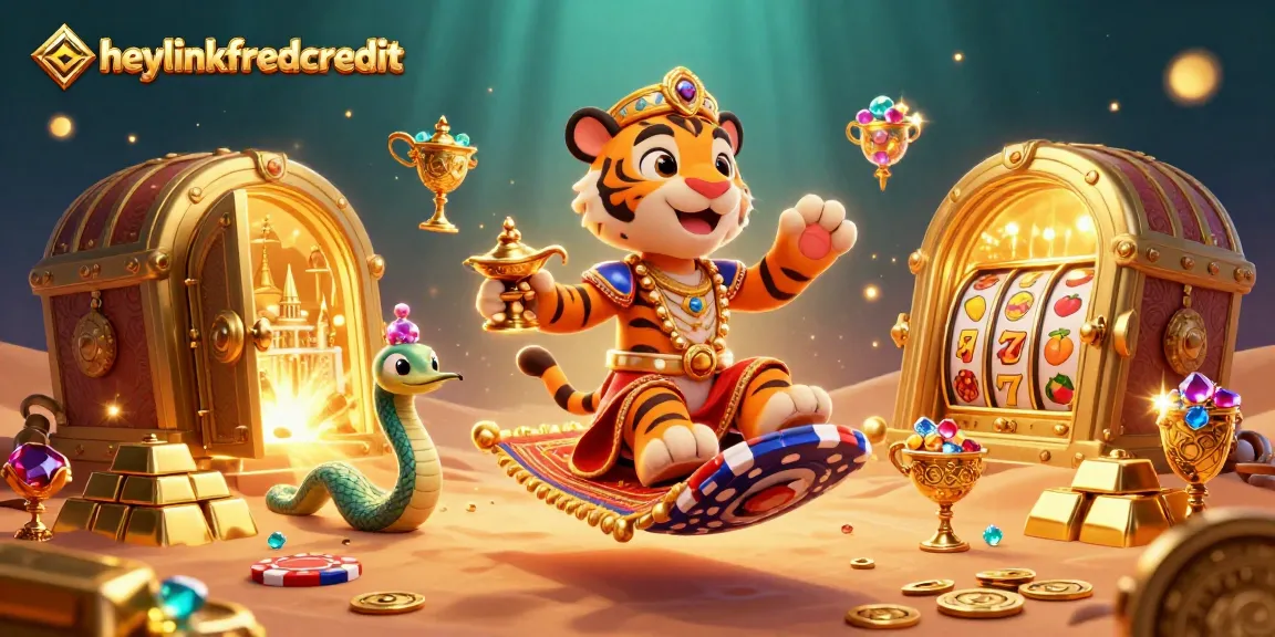 Engage with heylinkfreecredit in this rich casino scene featuring a tiger sultan and slot machines.