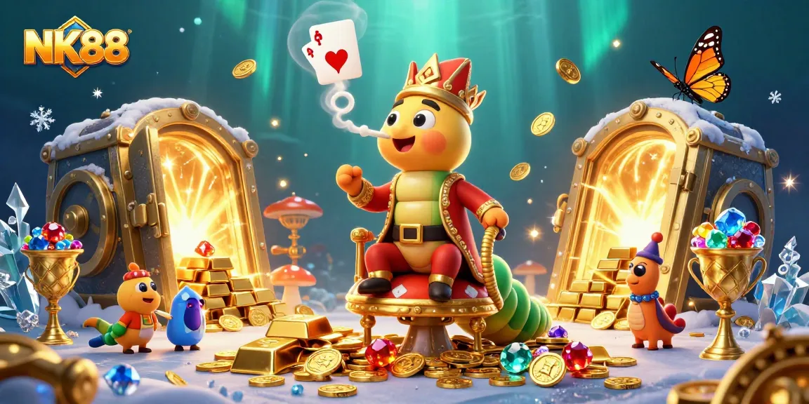 Experience the thrilling casino atmosphere at NK88 with engaging 3D characters and vibrant gem-filled backgrounds.