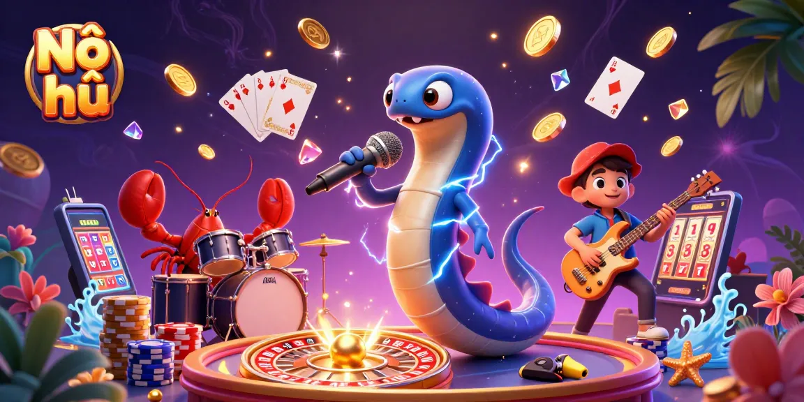 Nổ hũ spins with vibrant casino elements, electric eel DJ performing among coins and gems.