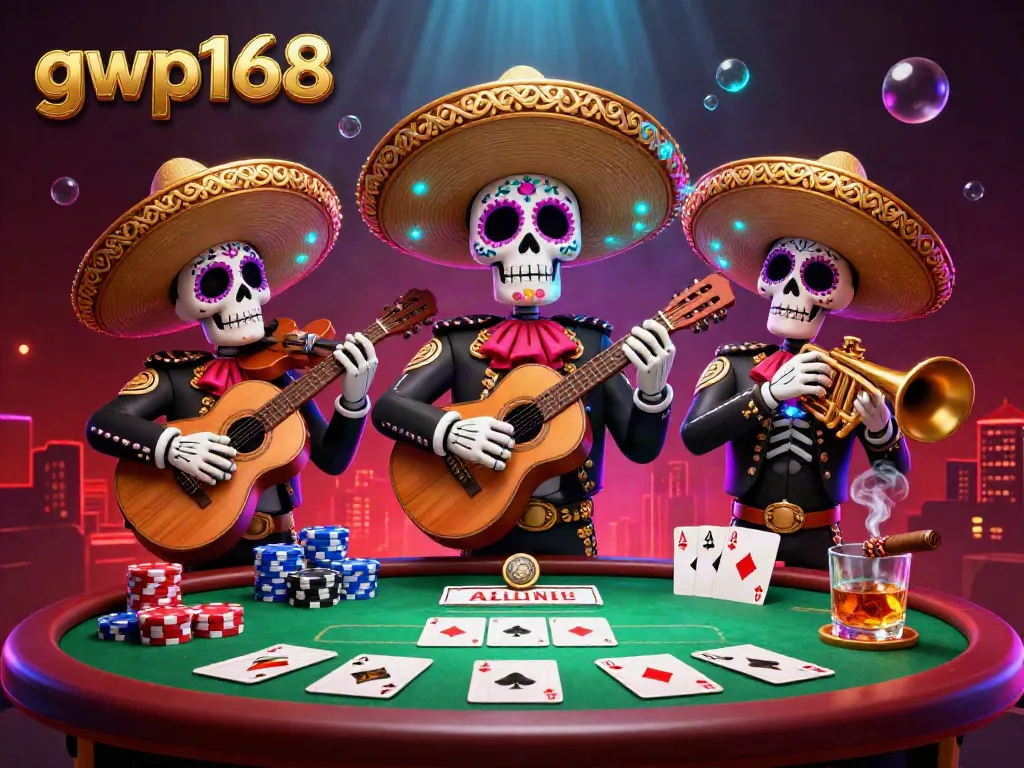 Permainan seru di gwp168 dengan band mariachi tengkorak dan meja poker yang ramai.