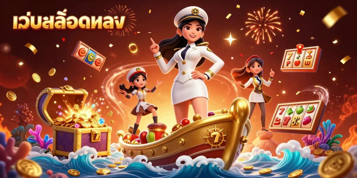 Win big with เว็บสล็อตตรง surrounded by vibrant symbols and treasures in this dynamic casino scene.