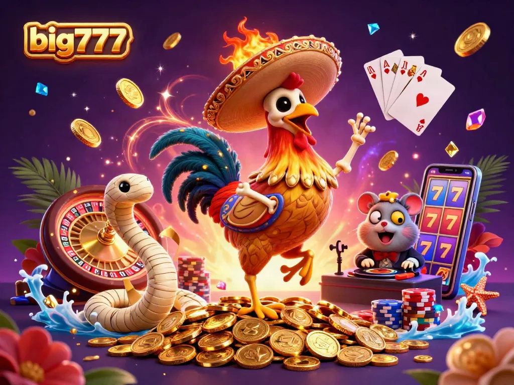 Engage in thrilling big777 slots surrounded by joyous characters, dazzling coins, and vibrant casino elements.