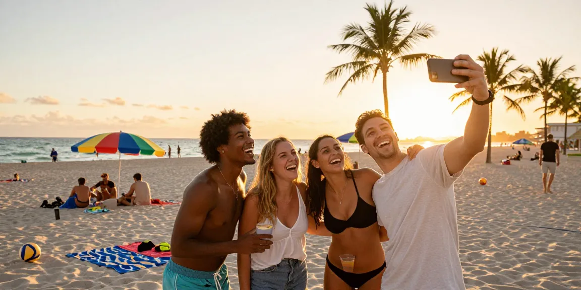 Kumpulan teman di https://miami4d.com/ di pantai Miami saat matahari terbenam, berfoto selfie dengan latar belakang laut.