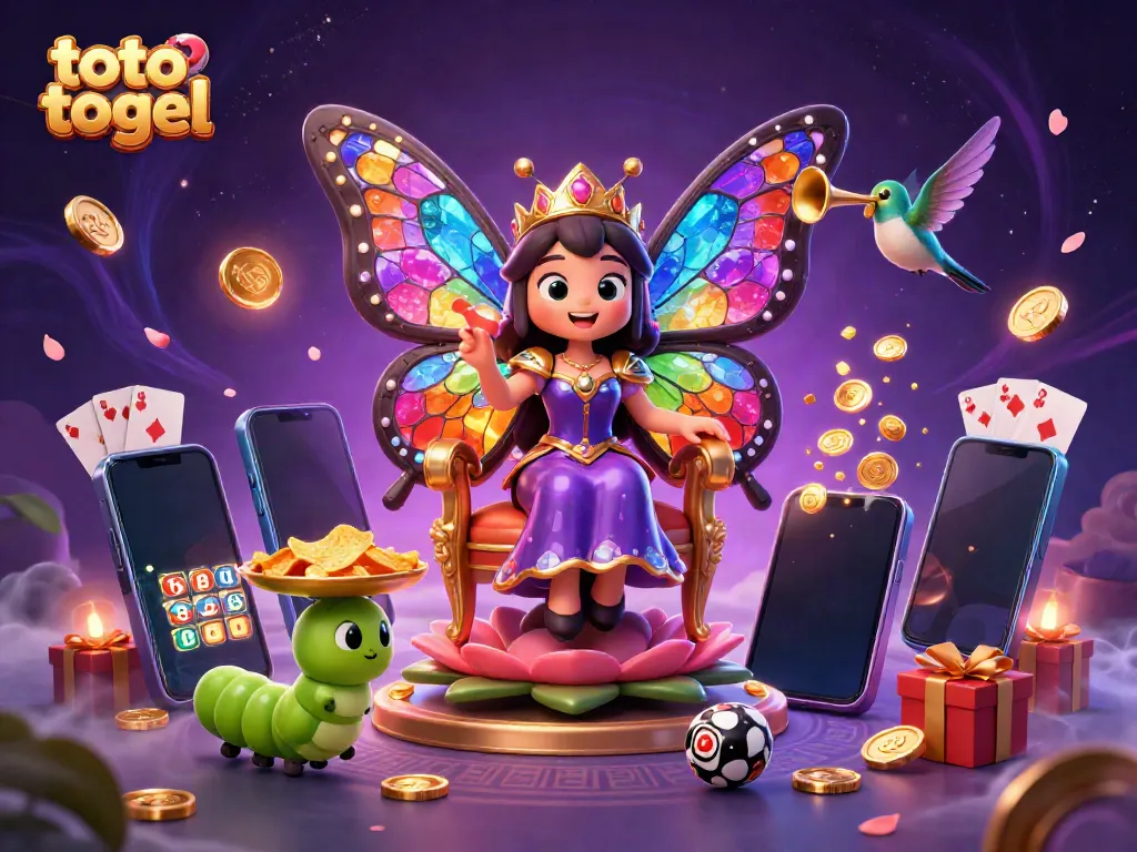 Engaging 3D illustration of the "toto togel" queen presiding over a vibrant lottery scene.