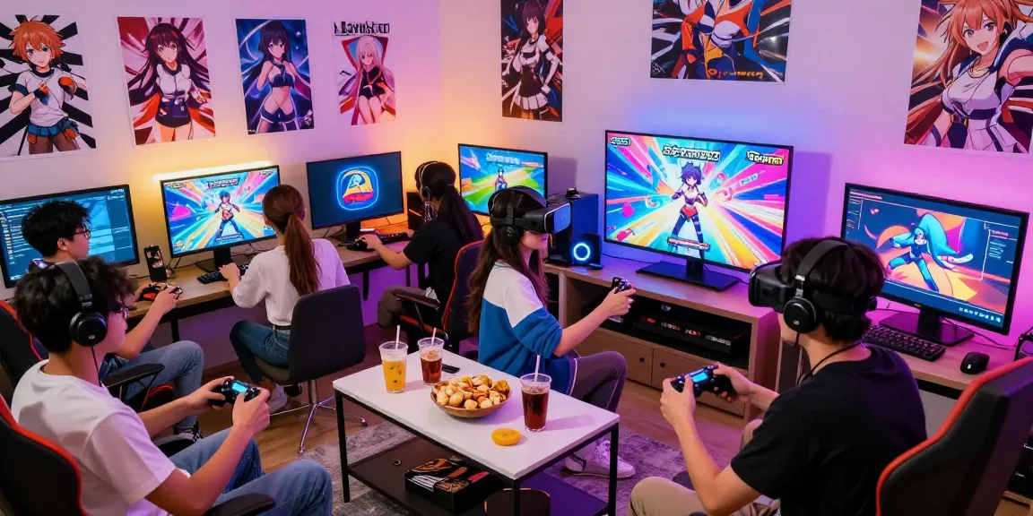 Gamers enjoying an ecchi game in a lively, colorful environment with VR headset and snacks.