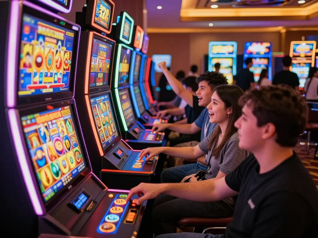 Players enjoying thrilling slot games at 32win casino, celebrating exciting wins with colorful machines.
