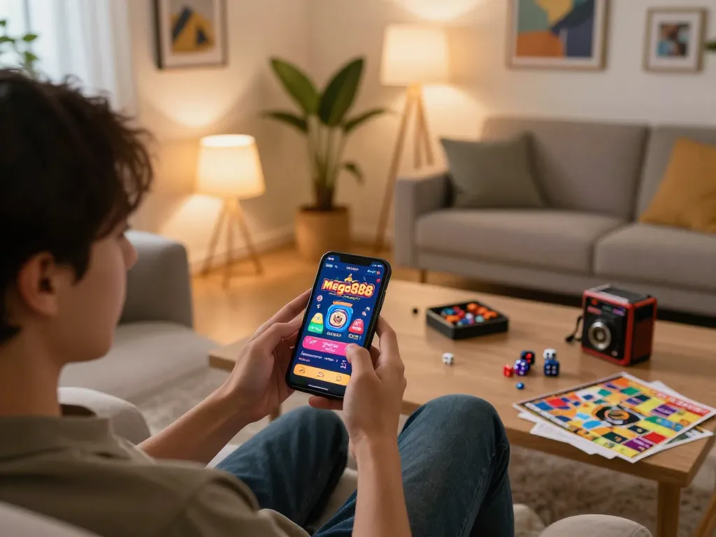 Engaged player using mega888-mega888 app on smartphone in cozy home gaming setup