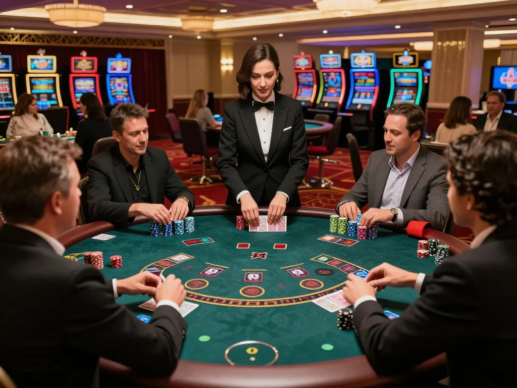 Engaged players enjoy ดูหนัง on an exciting blackjack table, capturing intense gambling moments.