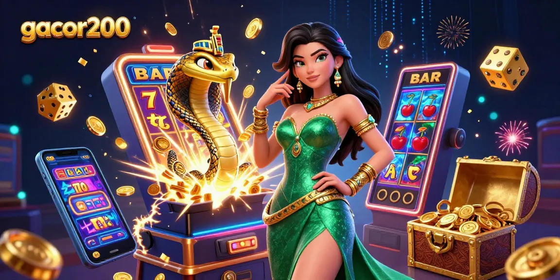 Play games on gacor200 with a stunning 3D woman in an emerald gown and golden cobra, amidst jackpot elements.